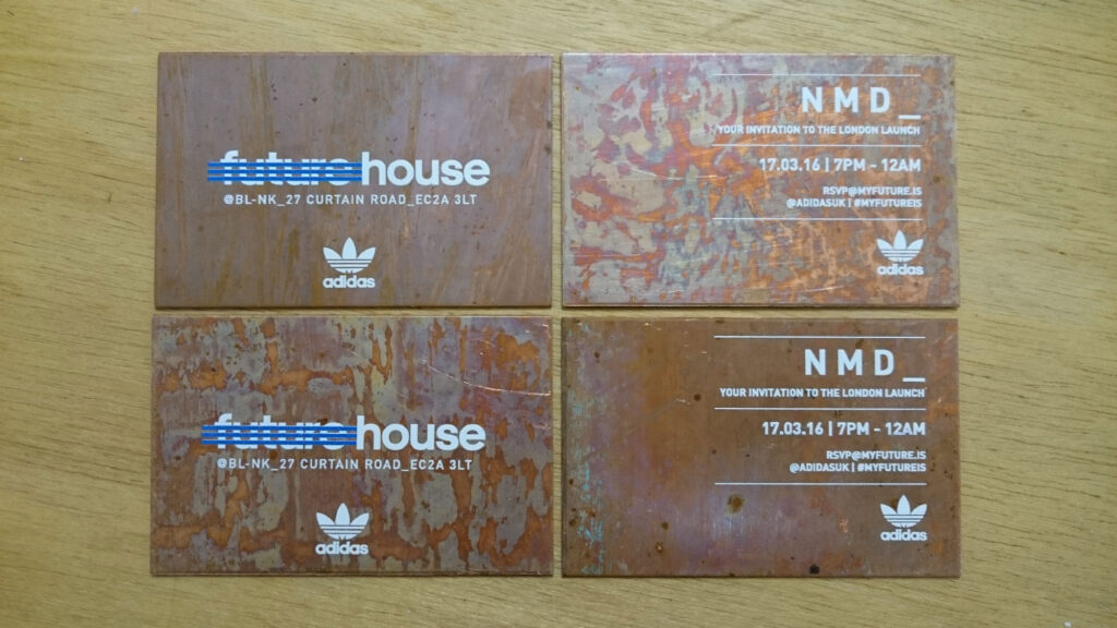 Sweet & Chilli Copper invitations and drinks tokens for futurehouse pop-up by Adidas